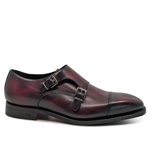 Red double monk strap patina goodyear welt quality shoe 