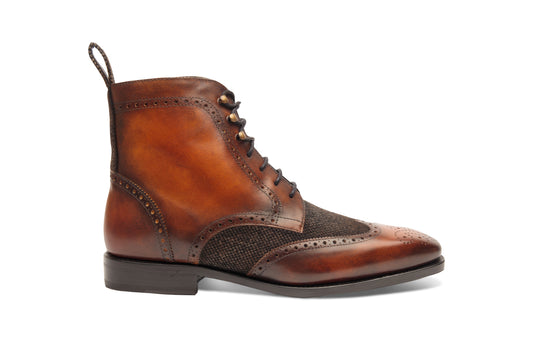 Cognac orange brown leather patina lace up boot. All sizes long and wide feet. Goodyear welt