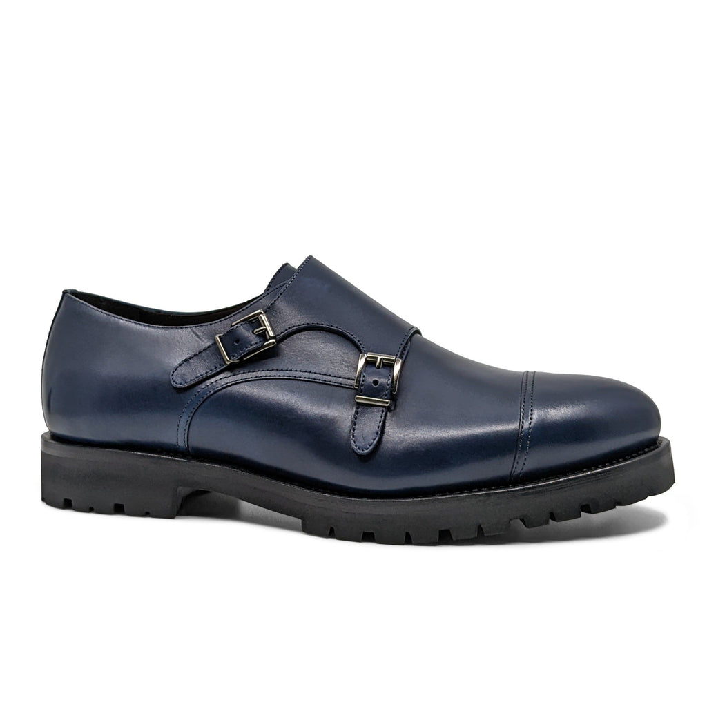 blue double monk strap goodyear welt wide shoes