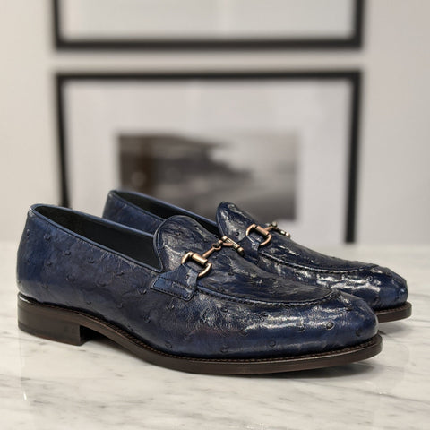 Ostrich blue leather goodyear welt loafer mens dress casual