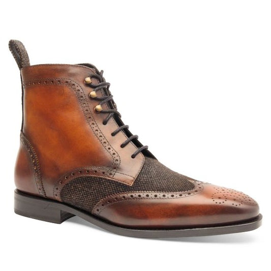 Cognac orange brown leather patina lace up boot. All sizes long and wide feet. Goodyear welt