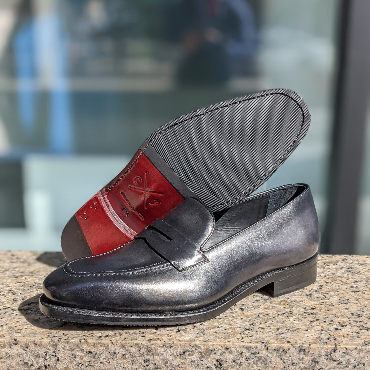 Black leather hand dyed gunmetal loafer goodyear welt