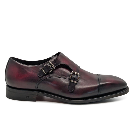 Red double monk strap patina goodyear welt quality shoe 