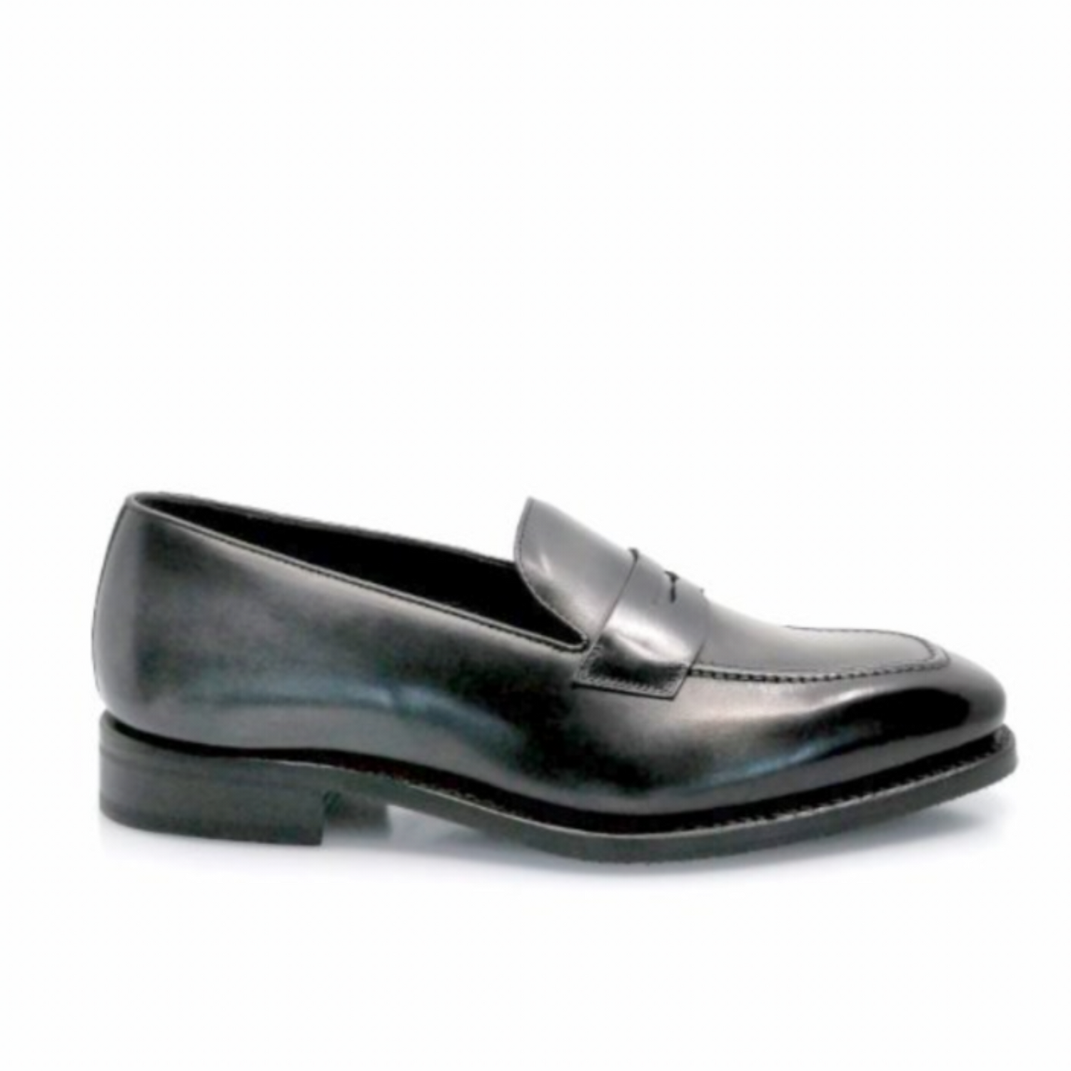 Black leather hand dyed gunmetal loafer goodyear welt