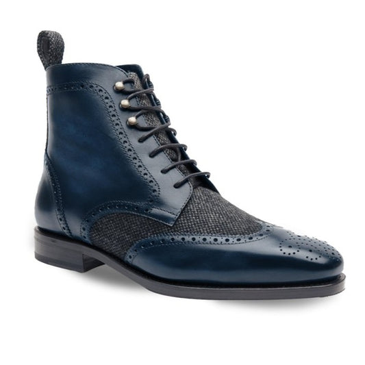 Blue patina lace up boot. Goodyear welt hand dyed  rubber toe wide shoe comfort patina