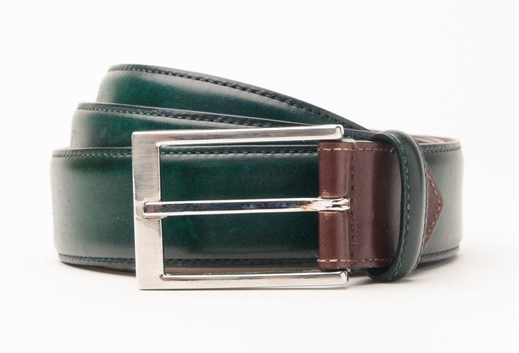 Green leather belt hand painted metal buckle custom